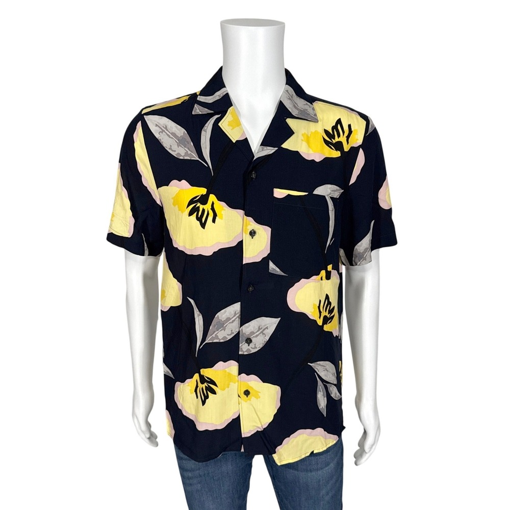 HUGO Hugo Boss Mens Straight Fit Floral Camp Collar Short Sleeve Shirt Navy S